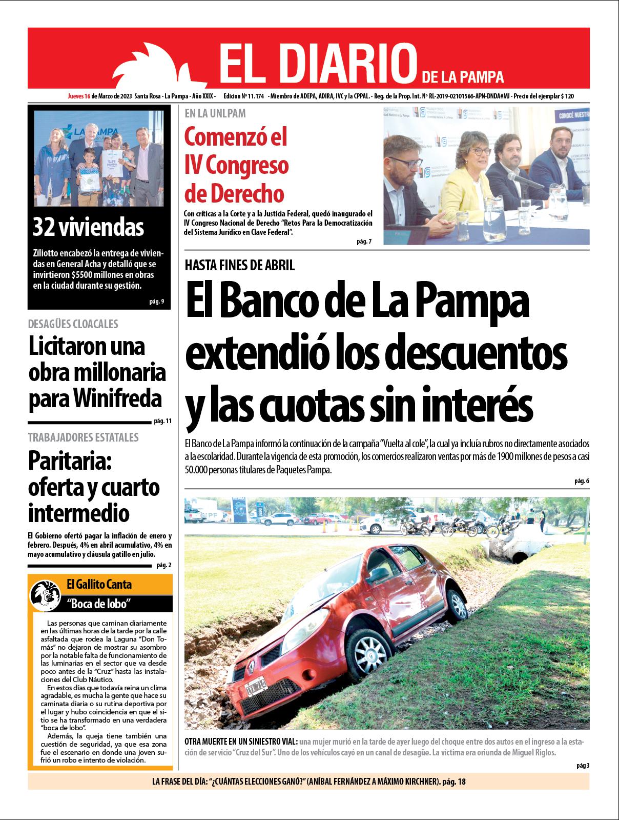 Tapa de El Diario en papel  jueves 16 de marzo de 2023